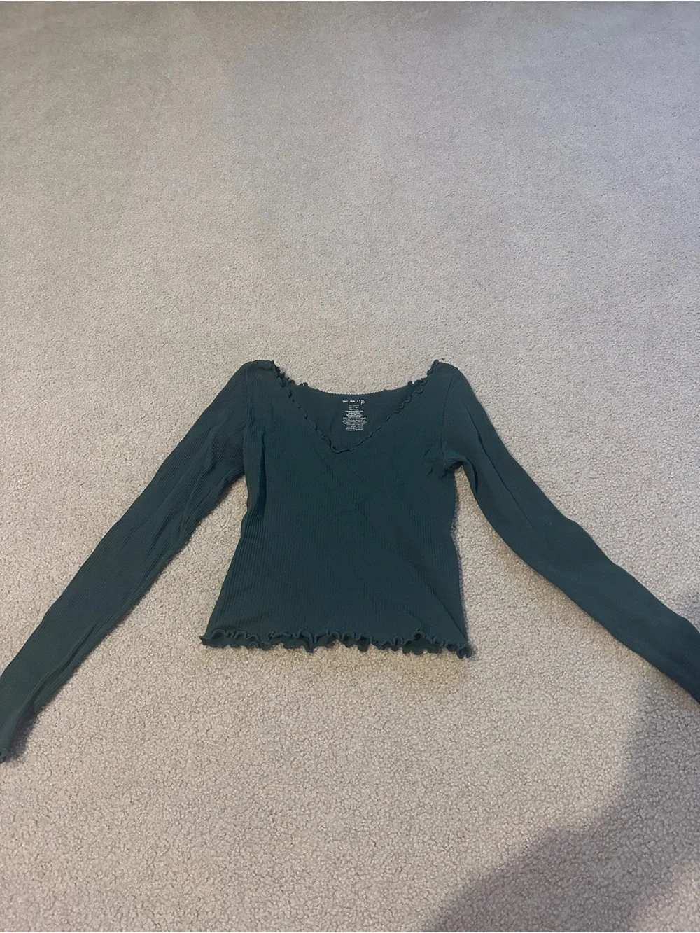 Free People Dark Green Ribbed V-Neck Lettuce-Edge Long Sleeve Crop Top